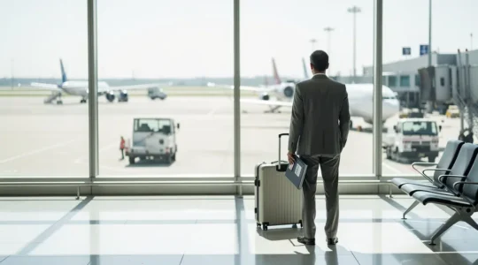 Terminal d'aéroport moderne avec voyageur tenant un passeport et documents médicaux