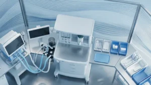 Vue aérienne d'une salle d'opération moderne avec équipements de monitoring et matériel d'anesthésie