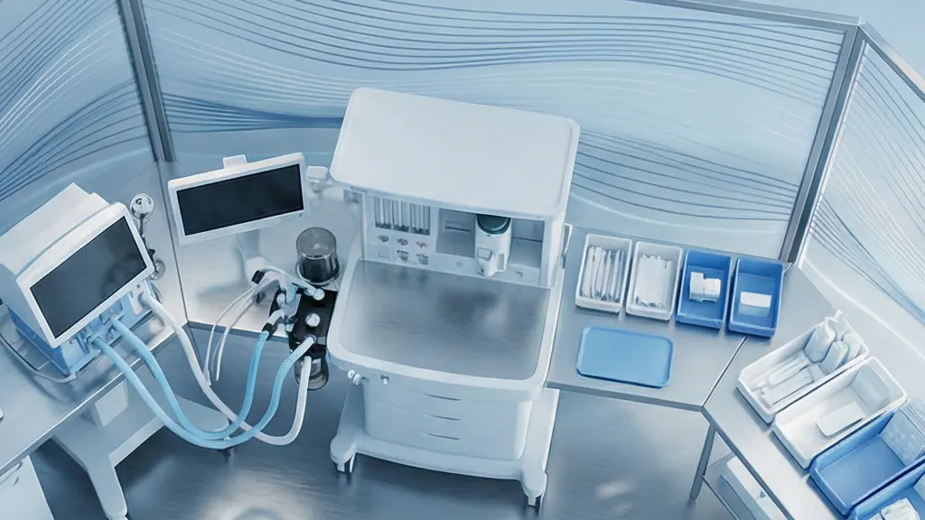 Vue aérienne d'une salle d'opération moderne avec équipements de monitoring et matériel d'anesthésie