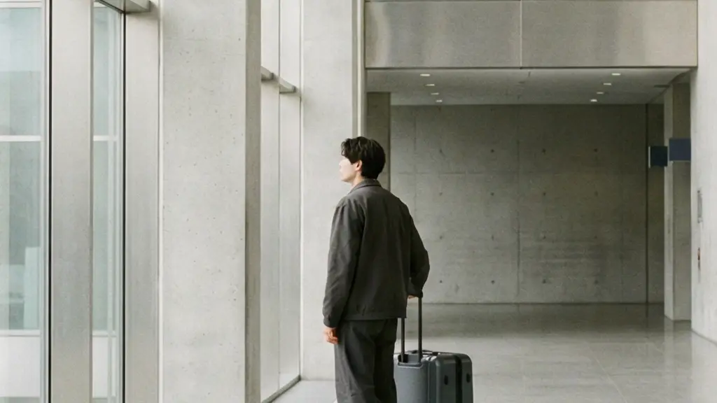 Une personne immobile avec une valise fermée dans un couloir lumineux, évoquant la décision d'annuler un voyage médical en cas de signaux d'alerte.