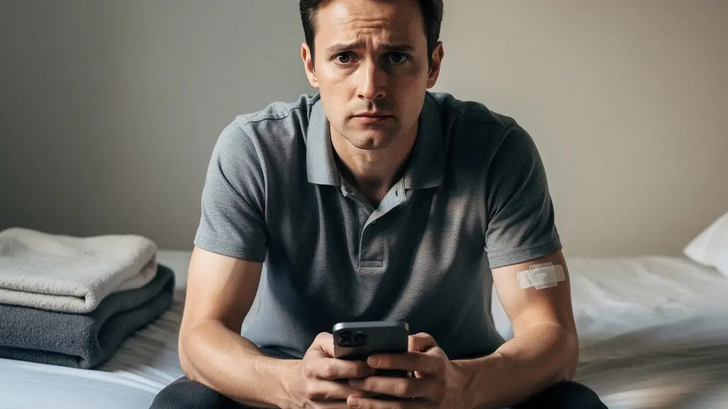 Portrait d’un patient en convalescence montrant une anxiete contenue, tenant un telephone de dos sans ecran visible, dans une lumiere douce.
