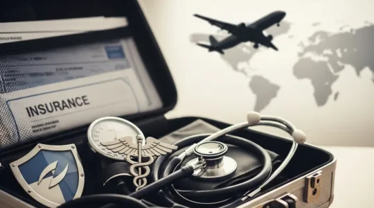 Composition symbolique montrant une valise médicale ouverte avec documents d'assurance et équipement médical, sur fond d'avion et carte du monde