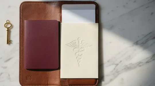 Pochette de voyage en cuir ouverte sur une surface claire contenant un passeport et des documents médicaux, symbolisant la préparation d'un voyage de santé