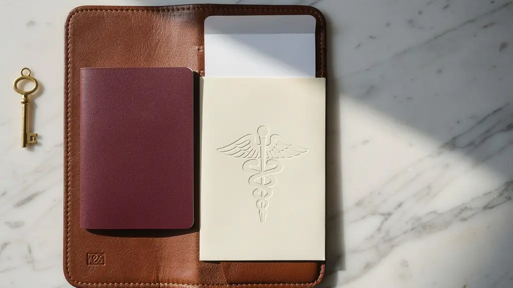 Pochette de voyage en cuir ouverte sur une surface claire contenant un passeport et des documents médicaux, symbolisant la préparation d'un voyage de santé
