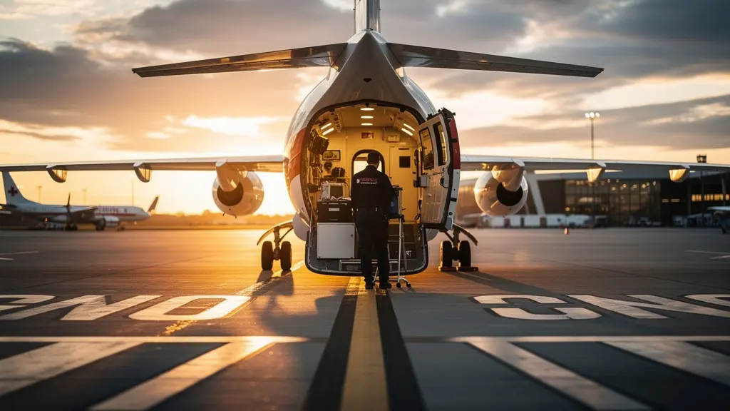 Équipe médicale préparant un avion sanitaire sur le tarmac