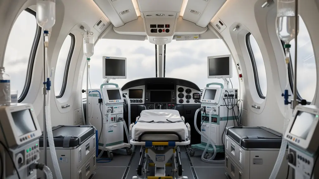 Intérieur d'un avion médicalisé avec équipement médical sophistiqué et civière
