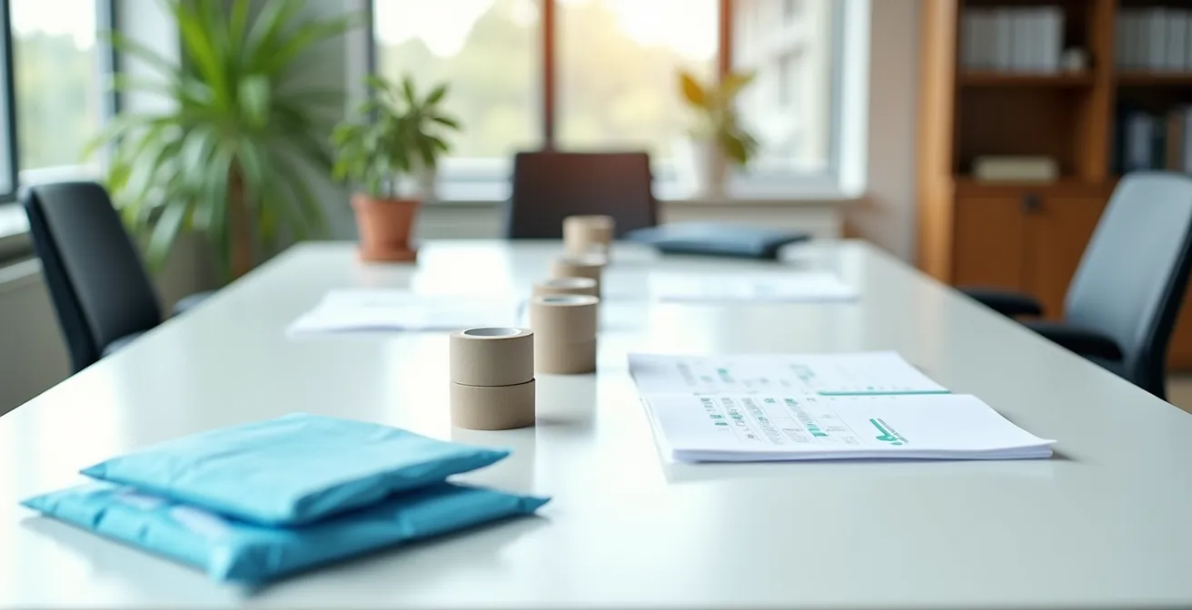 Vue aérienne minimaliste d'un bureau moderne avec calendrier et masques post-opératoires disposés artistiquement