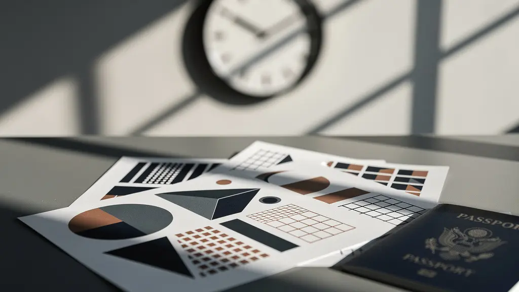 Vue minimaliste d'un calendrier mural avec ombres géométriques et une horloge floue en arrière-plan