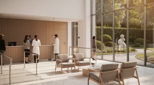 Hall d'accueil spacieux et lumineux d'un centre de convalescence européen haut de gamme avec architecture moderne et ambiance apaisante