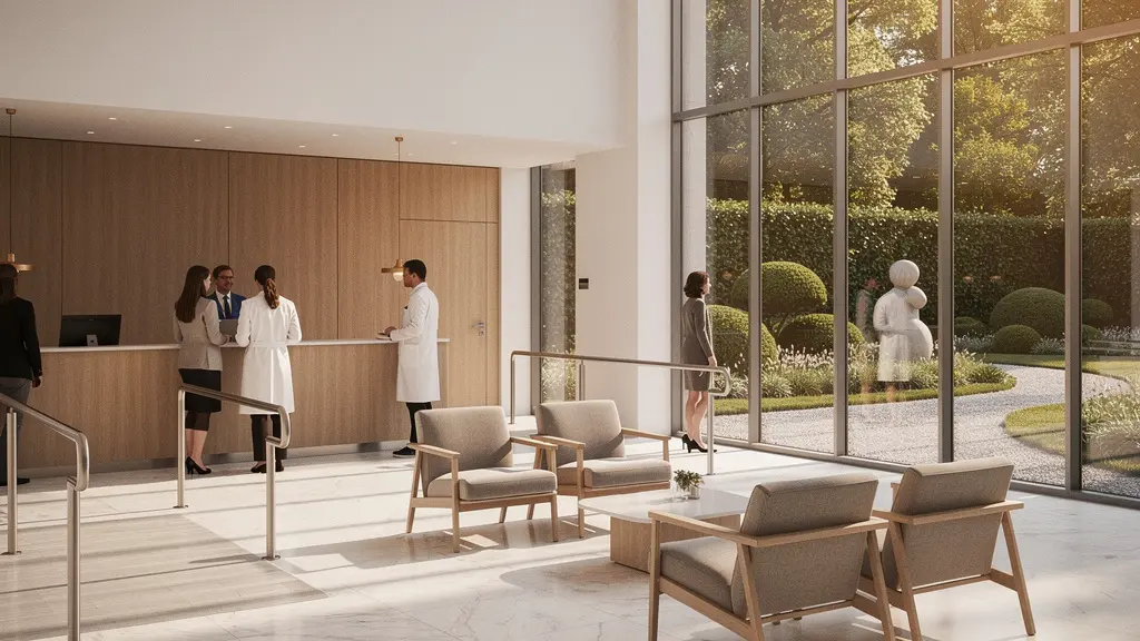 Hall d'accueil spacieux et lumineux d'un centre de convalescence européen haut de gamme avec architecture moderne et ambiance apaisante