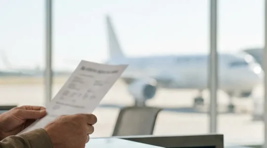 Vue de profil d'une personne tenant un certificat médical devant un comptoir d'enregistrement d'aéroport, avec un avion visible en arrière-plan flou