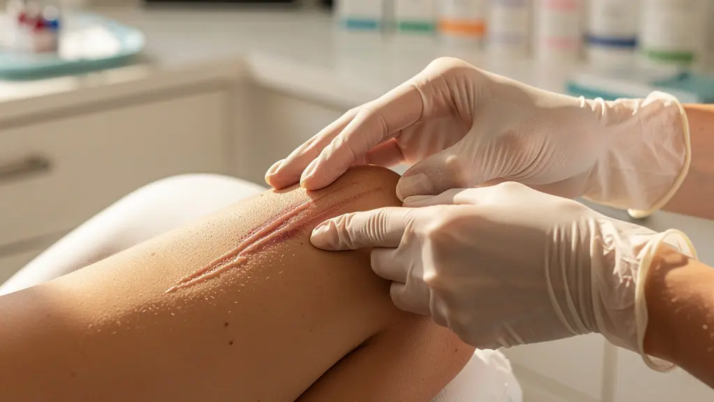 Mains expertes d'infirmière effectuant des soins délicats sur une cicatrice en voie de guérison avec instruments médicaux et produits spécialisés