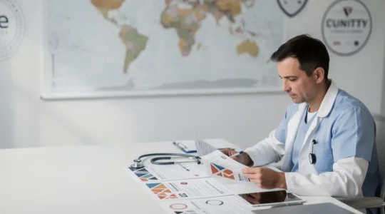 Médecin consultant des documents de certification médicale avec logos floutés en arrière-plan