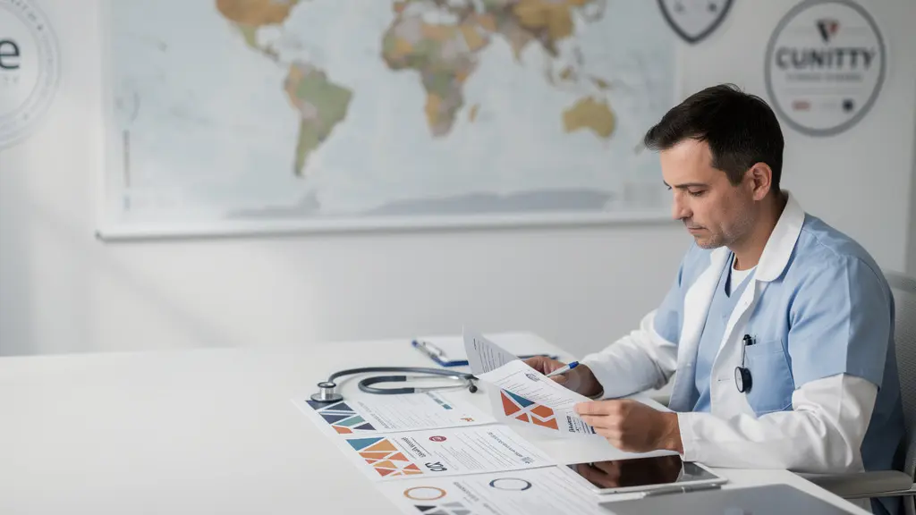 Médecin consultant des documents de certification médicale avec logos floutés en arrière-plan