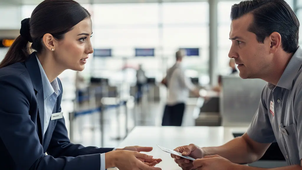 Comptoir d'enregistrement d'aéroport avec personnel et passager échangeant des documents