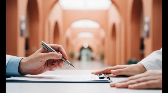 Main hésitante tenant un stylo au-dessus d'un document médical flou, symbolisant le dilemme du consentement éclairé en langue étrangère lors d'un voyage médical