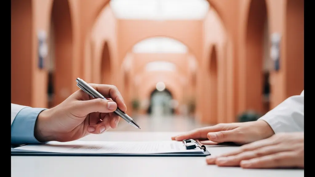 Main hésitante tenant un stylo au-dessus d'un document médical flou, symbolisant le dilemme du consentement éclairé en langue étrangère lors d'un voyage médical