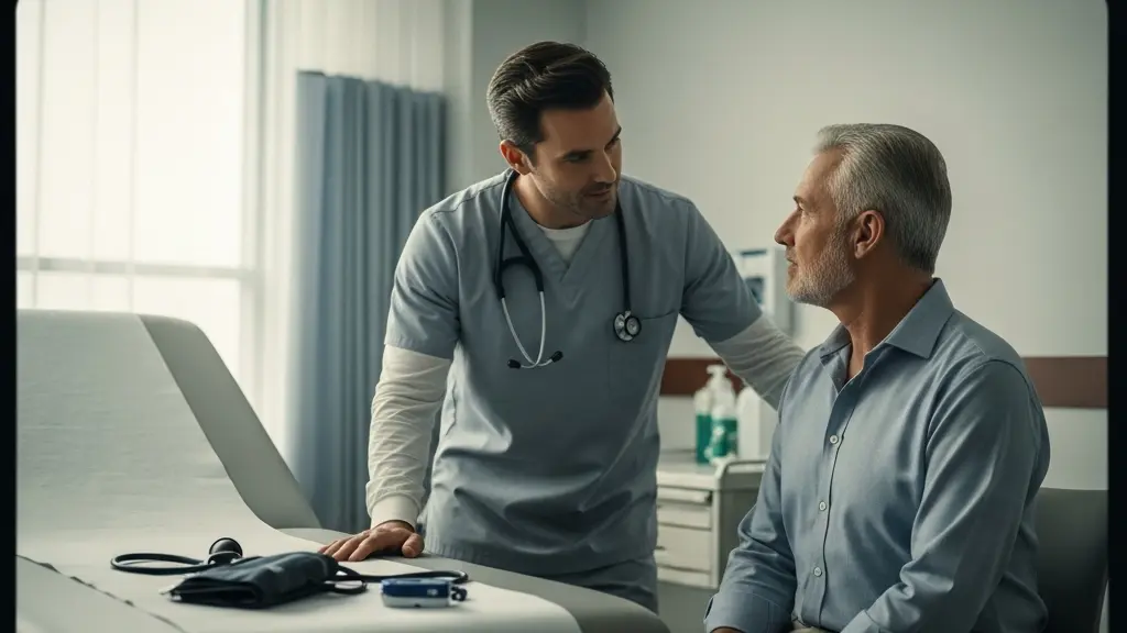 Consultation pré-anesthésique entre un médecin anesthésiste et un patient dans un cabinet médical lumineux, ambiance rassurante avant une opération.