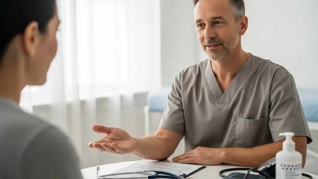 Médecin anesthésiste et patient discutant en face à face dans une salle de consultation, sans ordinateur visible, ambiance de confiance.