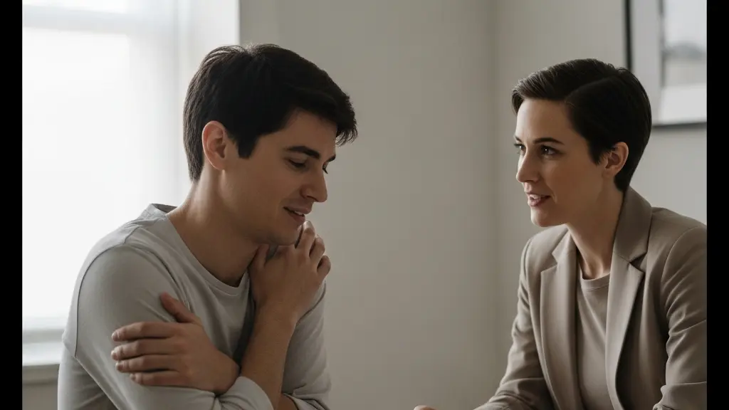 Une personne assise en consultation, regard baissé, pendant qu'un soignant écoute avec empathie, évoquant un refus bienveillant et un accompagnement psychologique.