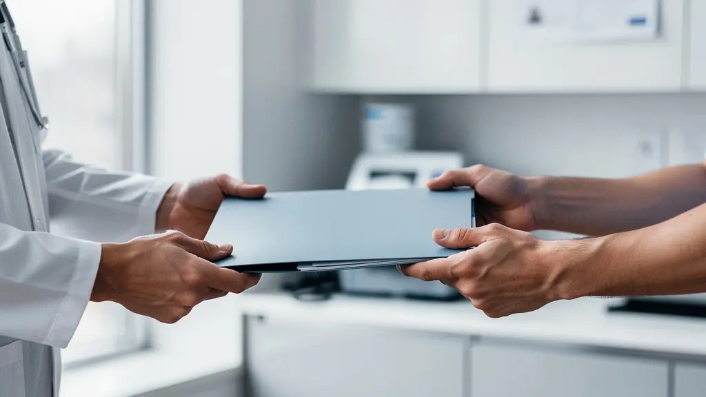 Mains de médecins échangeant un dossier médical dans un environnement hospitalier moderne