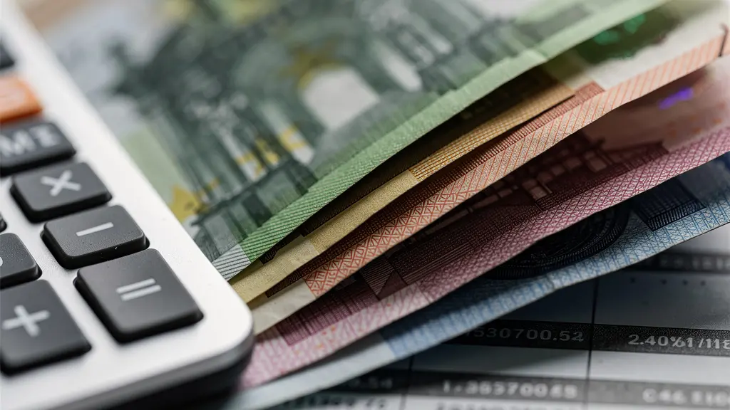 Calculatrice et devises étrangères sur un bureau avec documents financiers flous