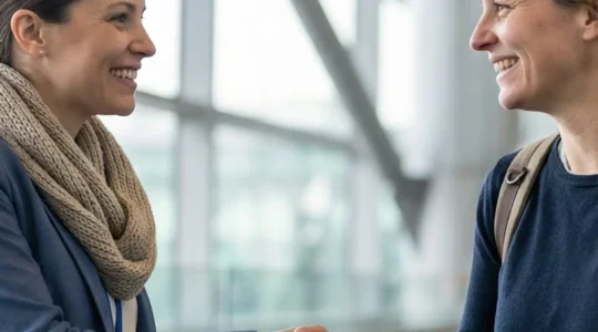 Accueil professionnel d'un patient par son coordinateur médical à l'aéroport, ambiance rassurante