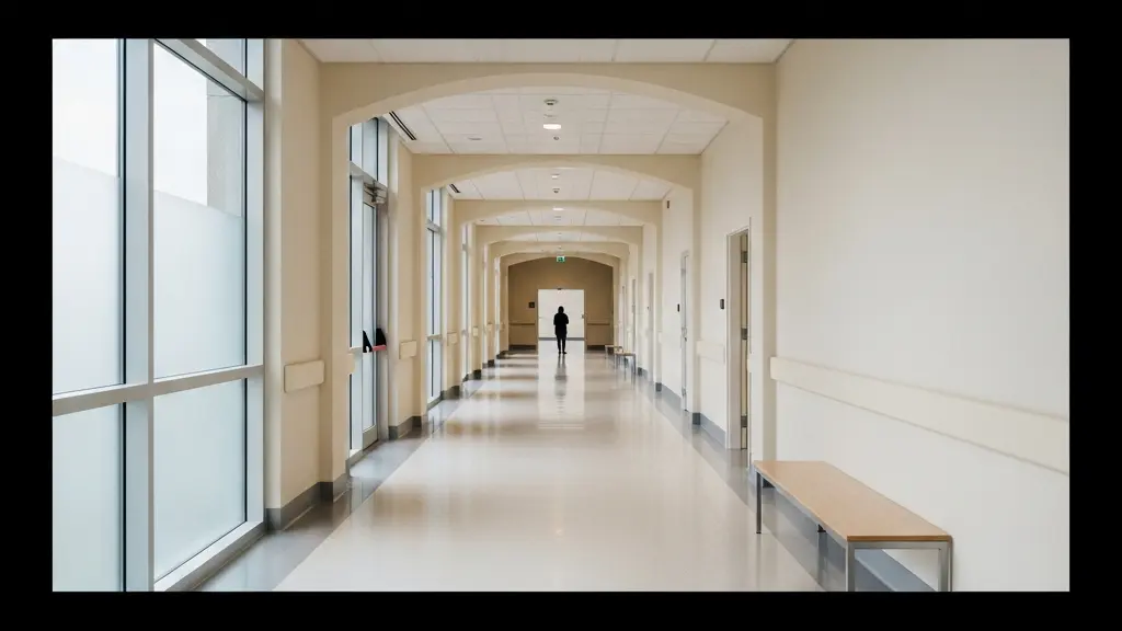 Couloir de clinique international vide et lumineux avec une silhouette solitaire au loin, évoquant l'isolement linguistique du patient étranger face au système de soins