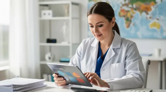 Professionnelle de santé analysant des documents médicaux dans un environnement moderne et lumineux