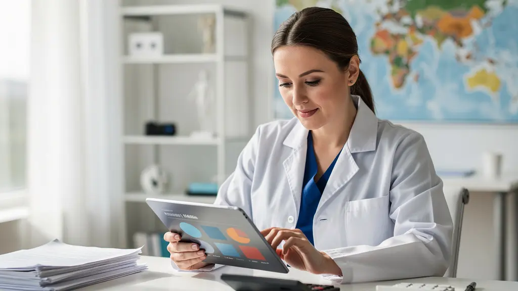 Professionnelle de santé analysant des documents médicaux dans un environnement moderne et lumineux