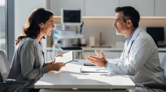 Patient et chirurgien en consultation médicale à l'étranger dans un cabinet moderne