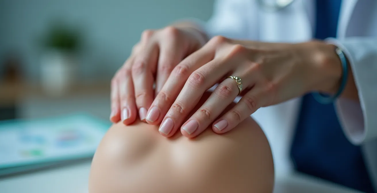 Mains de médecin démontrant la technique de palpation pour évaluer la fermeté du sein selon l'échelle de Baker