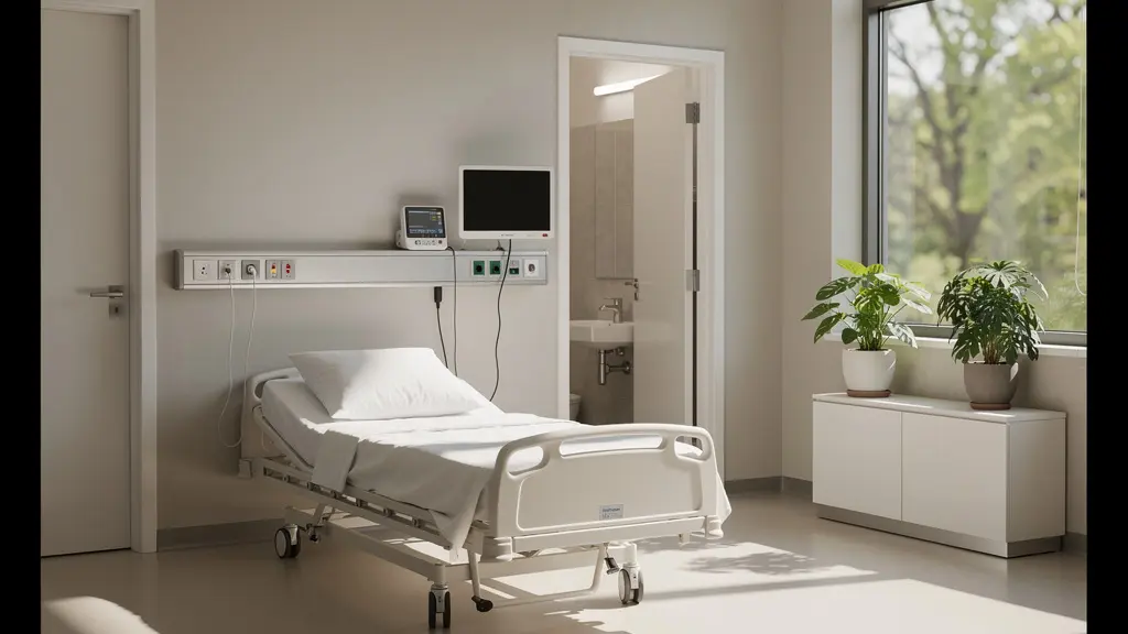 Chambre d'hôpital individuelle spacieuse et lumineuse avec équipements médicaux modernes dans un cadre apaisant