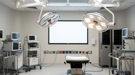Vue détaillée d'un bloc opératoire moderne avec équipements médicaux de pointe et systèmes de contrôle qualité visibles