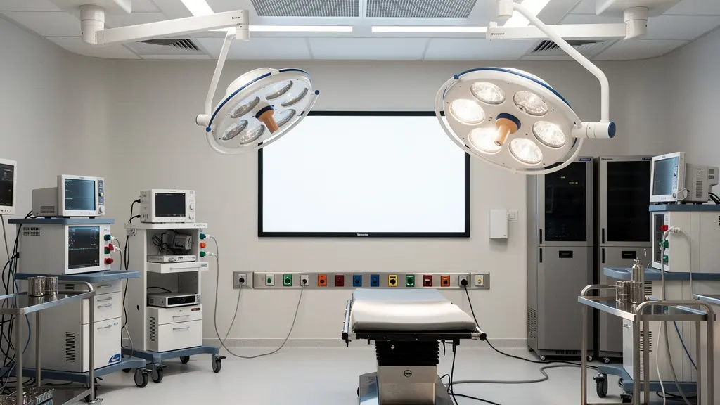 Vue détaillée d'un bloc opératoire moderne avec équipements médicaux de pointe et systèmes de contrôle qualité visibles