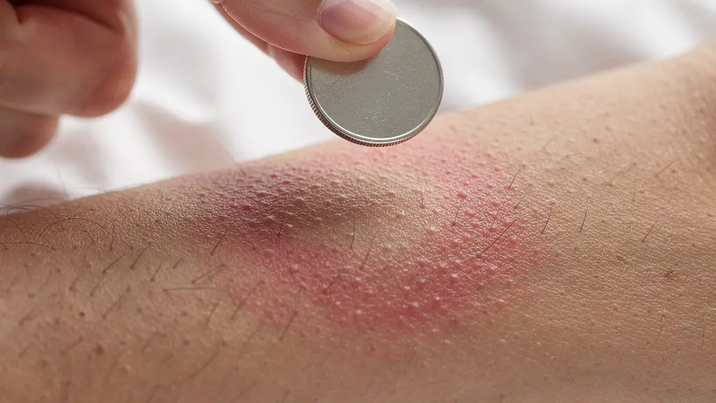 Main tenant une pièce de monnaie près d'une zone de peau pour mesurer l'étendue d'une rougeur