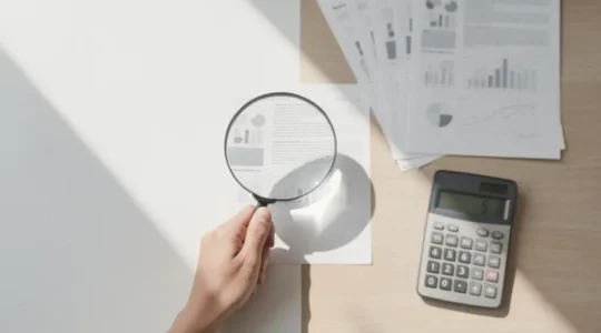 Vue en plongée d'un bureau avec des documents médicaux partiellement flous et une calculatrice éclairée