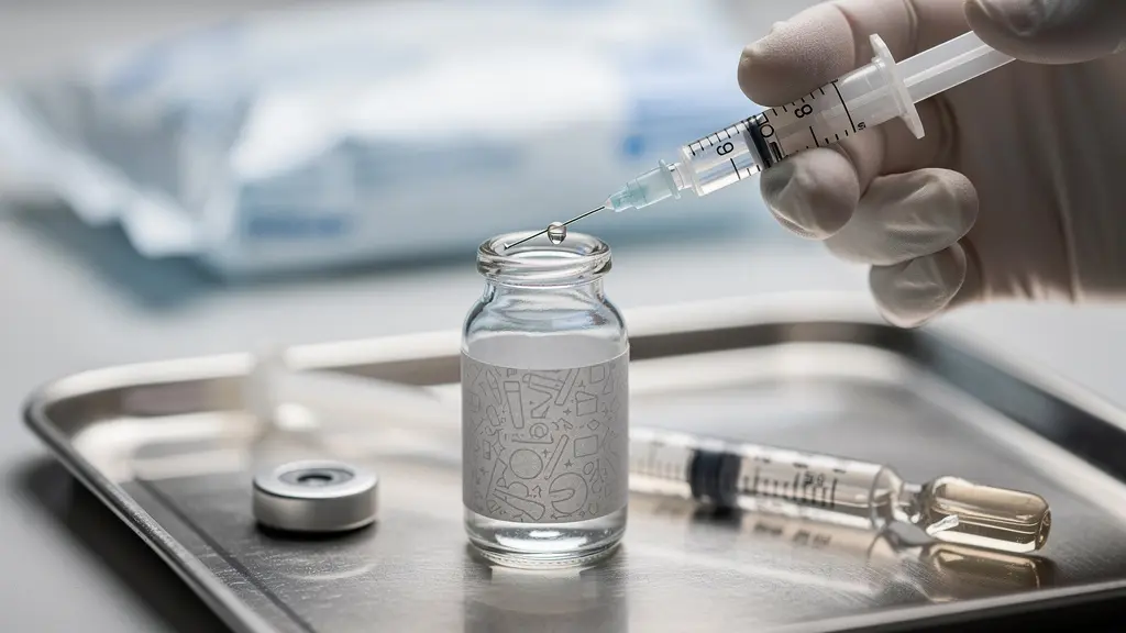 Gros plan macro de mains gantées manipulant un flacon d’anesthésique et une seringue stérile sur un plateau inox, évoquant l’asepsie et l’usage unique.