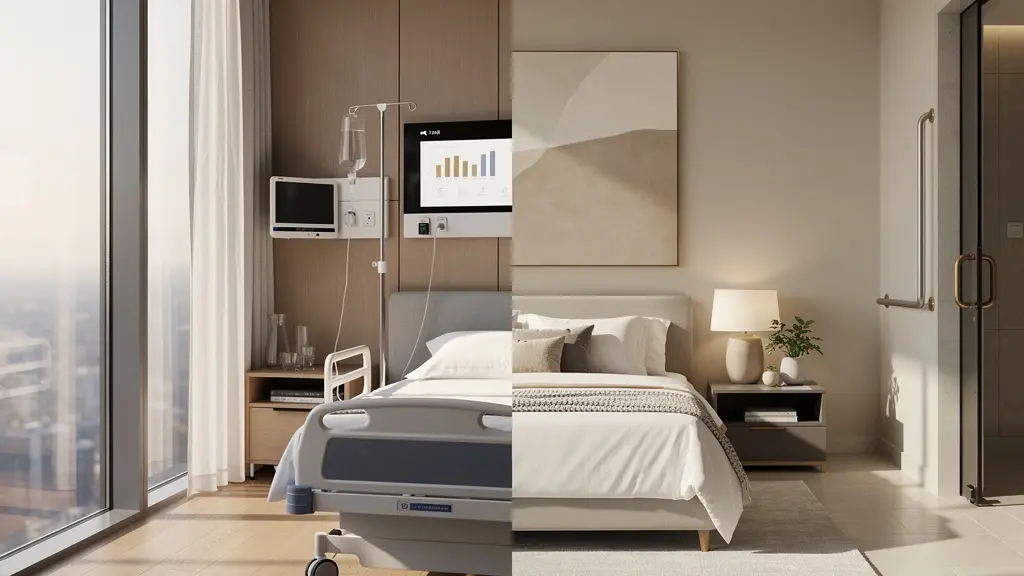 Comparaison visuelle entre hébergement médicalisé et hôtel standard après chirurgie