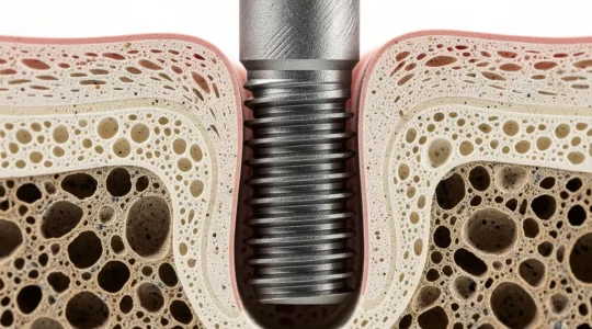 Vue détaillée d'un implant basal inséré dans l'os cortical de la mâchoire