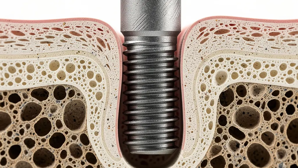 Vue détaillée d'un implant basal inséré dans l'os cortical de la mâchoire