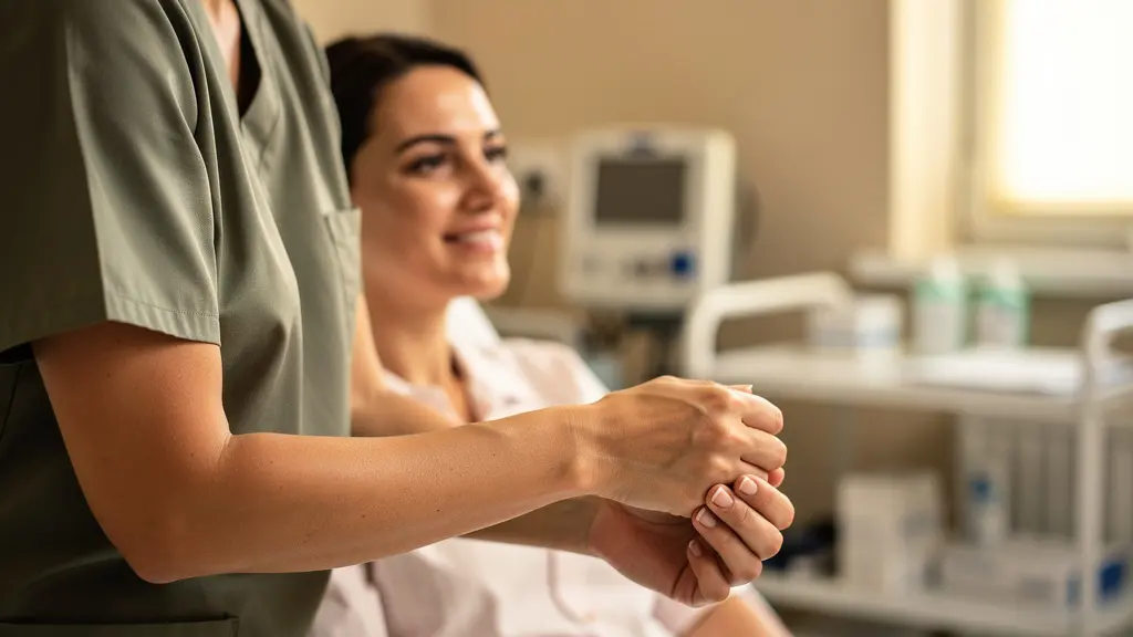 Infirmière formant un patient aux soins post-opératoires dans une chambre lumineuse