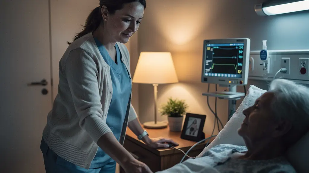 Infirmière de nuit effectuant une ronde de surveillance dans une chambre de convalescence moderne équipée de monitoring médical