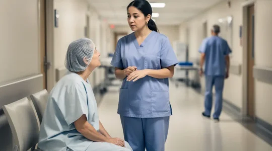 Patient en tenue préopératoire échange calmement avec un interprète médical professionnel dans un couloir d’hôpital, avant une chirurgie.