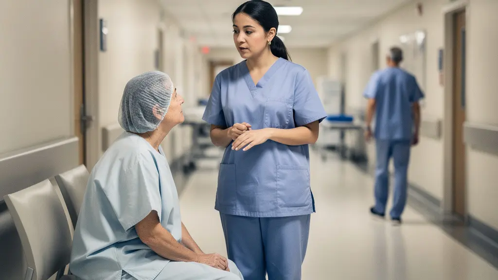 Patient en tenue préopératoire échange calmement avec un interprète médical professionnel dans un couloir d’hôpital, avant une chirurgie.