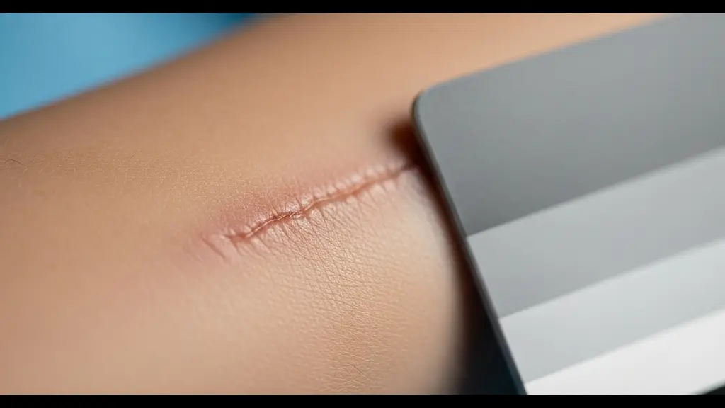 Gros plan macro d’une cicatrice en cours de cicatrisation avec une lumiere laterale douce, montrant la texture de la peau sans element choquant.