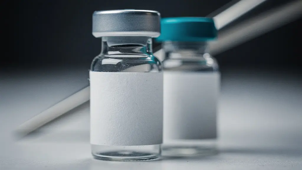 Gros plan macro de deux flacons médicaux très similaires différenciés par un détail de couleur, symbolisant les faux-amis et confusions possibles.