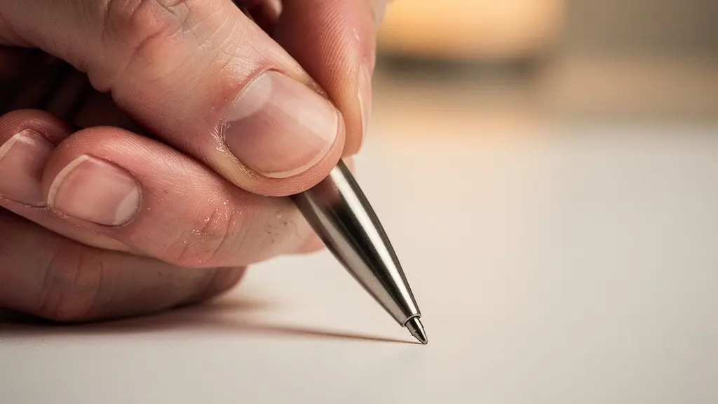 Gros plan macro sur les doigts crispés d'une main tenant un stylo, illustrant la pression ressentie lors de la signature d'un consentement médical en langue étrangère