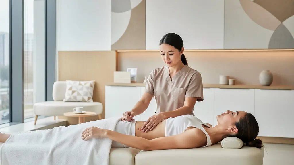 Technique du palper-rouler sur cicatrice montrant le mouvement précis des doigts