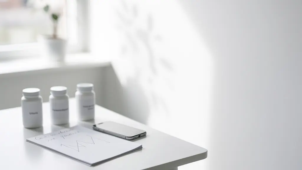 Vue large d'une table de planification médicale avec médicaments flous et documents